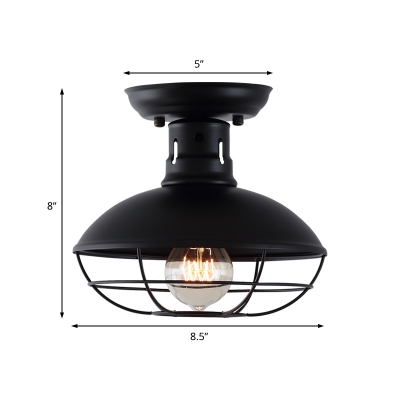 Matte Black Round Grill Ceiling Lights Farmhouse Style Iron 1 Head Semi Flush Mount Light for Dining Table