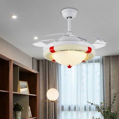 Mediterranean Steering Wheel Ceiling Fixture Glass 1 Light LED Ceiling Fan with Fishnet for Living Room