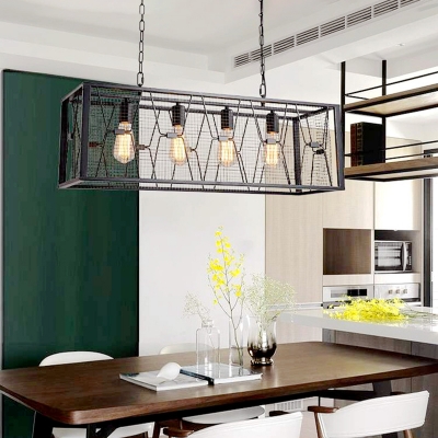 Mesh Metal Cage Island Lighting Industrial Metal Island Linear Pendant over Kitchen Island