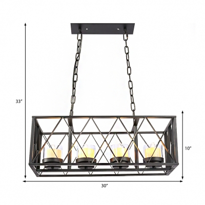 Rectangular Island Lighting Traditional Iron Candle Island Pendant with Clear Glass Shade in Matte Black for Indoor