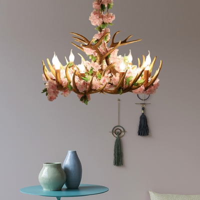 Resin Candle Pendant Light with Antler and Artificial Plants Rustic Chandelier for Restaurant