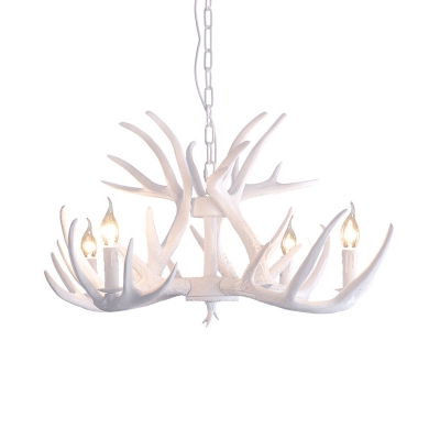 Resin Deer Horn Suspension Light with Candle Dining Room Country Style Chandelier in White