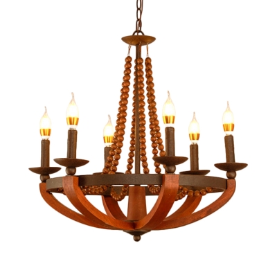 Rust Candle Chandelier with Wooden Bead Country Style Metal 6 Light Hanging Pendant Light