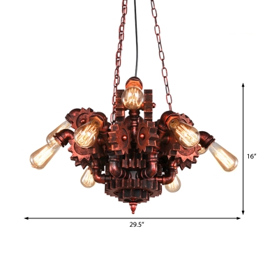 Antique Gear Hanging Lamp Retro Industrial Metal 9 Heads Pendant Lighting in Copper for Indoor