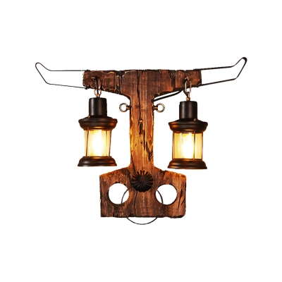 Bull Sconce Lights Coastal Iron 2 Heads Sconce Light Fixture with Wooden Base for Coffee Shop