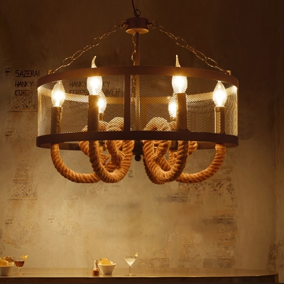 Drum Ceiling Chandelier Pendant Country Iron 6 Lights Candle Ceiling Chandelier for Restaurant