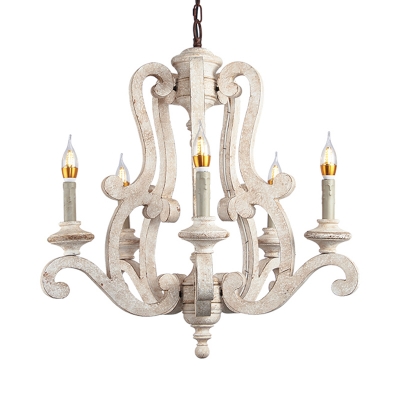 French Country Chandelier Lighting with Candle Solid Wood 5 Lights Pendant Lamp in Distressed White