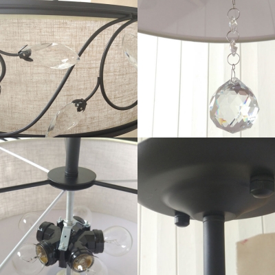 Industrial Drum Semi Flush Light Fabric Shade and Metal Frame Semi Flushmount with Crystal Ball