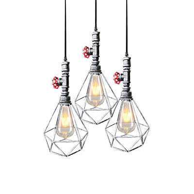 Industrial Valve Pendants Lighting Steel 1-Light Hanging Pipe Lights with Diamond Cage Shade