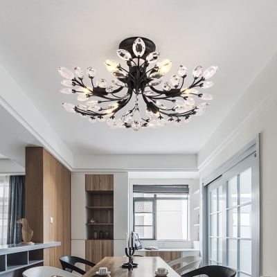 Matte Black Branch Semi Flush Chandelier Modern Crystal Metal Ceiling Lights for Living Room