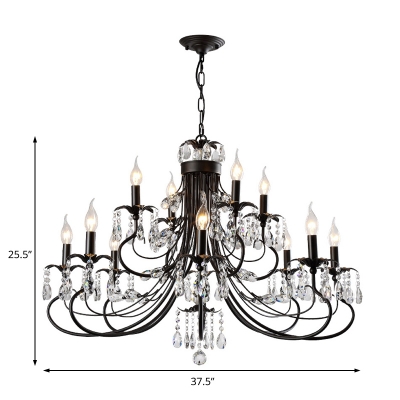 Matte Black Candle Pendant Lighting Traditional Iron Crystal 6/8/12 Light Hanging Chandelier with Adjustable Chain
