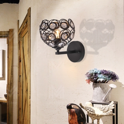 Modern Bowl Wall Mounted Light Metal Crystal 1 Bulb Plug in Sconce Lamp in Black for Coffee Shop
