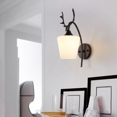 Modern Tapered Wall Lighting with Deer Decoration 1 Light Frosted Glass Sconce Light