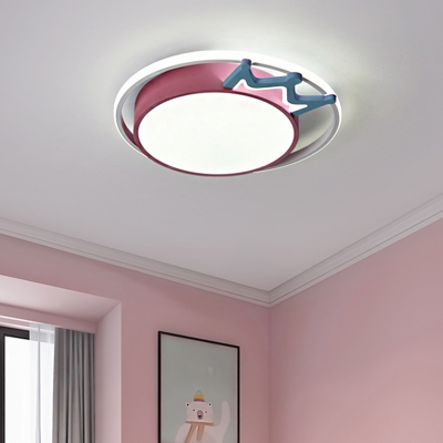 Round Flush Ceiling Light with Crown Cartoon Nordic Metal Flush Light with Acrylic Diffuser