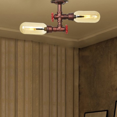 Steampunk Pipe Semi Flush Light Fixtures Glass 2 Heads Semi Flush Ceiling Lights for Foyer