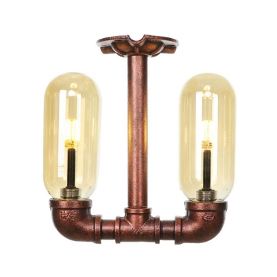 Steampunk Pipe Semi Flush Mount Lighting Iron 2 Bulbs Semi Flush Ceiling Lights for Foyer Corridor Hallway