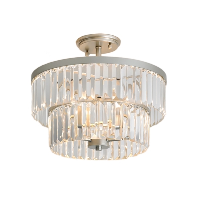 3 Lights 2 Tiers Drum Semi Flushmount Vintage Clear Crystal Semi Flush Ceiling Lamp in Silver