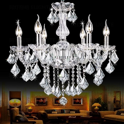 6 Heads Candle Chandelier Light Fixture Traditional Clear Crystal Pendant Chandelier for Dining Room