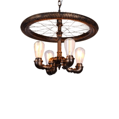 Bicycle Wheel Hanging Pendant Lights Industrial Metal 4 Bulbs Pipe Ceiling Light for Living Room