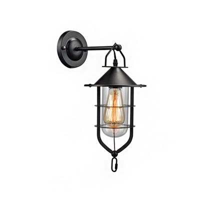 Black Caged Wall Light Sconce Mediterranean Iron 1 Light Wall Sconce Lighting for Coffee Shop