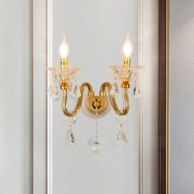 Brass Candle Wall Sconce Light Mid Century Metal Glass Wall Lamp Sconce with Crystal for Indoor
