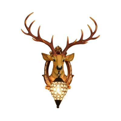 Clear Crystal Water Drop Wall Lamp with Resin Stag Head 1-Light Rustic Wall Sconce
