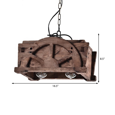 Cubic Shade Pendant Lamps Rustic Wood 2 Light Ceiling Pendant Light with Adjustable Chain for Restaurant