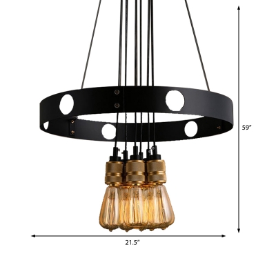 Farmhouse Style Open Bulb Hanging Pendant Metal 6 Heads Ceiling Pendant Lights in Black for Indoor