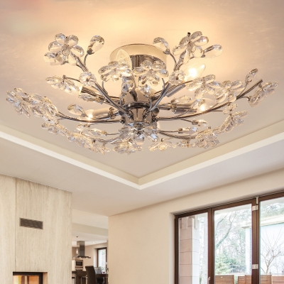 Flower Crystal Ceiling Chandelier Contemporary Metal 6 Lights Ceiling Light Fixture in Silver