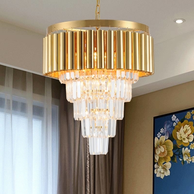 Gold Tube Hanging Pendant Lights Modern Multi-Tier Crystal Hanging Chandelier for Living Room
