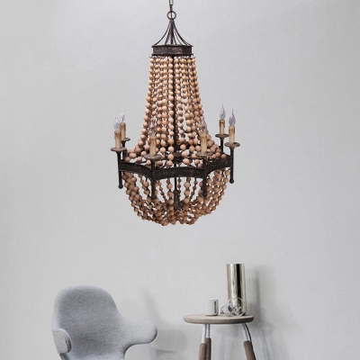 Multi Light Beaded Chandelier Country Style Wooden Hanging Pendant Light in Rust
