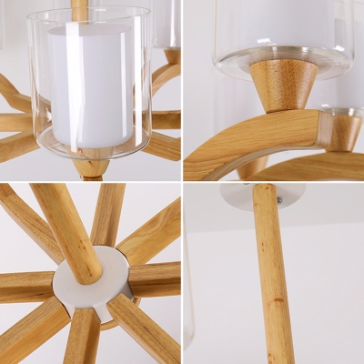 Nordic Cylinder Hanging Chandelier Clear Glass Pendant Light in Wood with Inner White Glass Shade