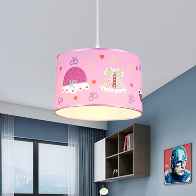 Pink Fabric Drum Pendant Lamp 1 Light Modern Kids Suspension Light for Girls Room