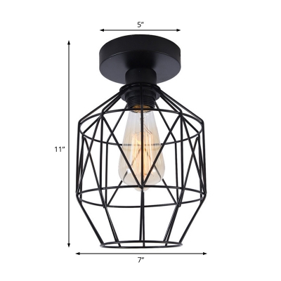 Prism Cage Ceiling Lights Farmhouse Style Steel 1 Head Ceiling Light Fixtures in Black for Bedroom