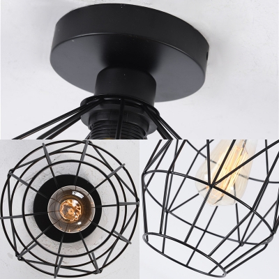 Prism Cage Ceiling Lights Farmhouse Style Steel 1 Head Ceiling Light Fixtures in Black for Bedroom