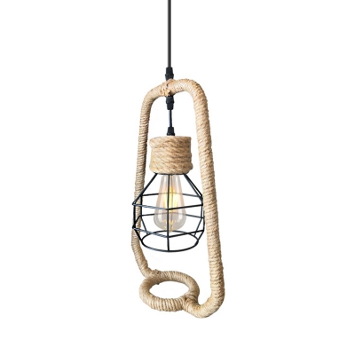 Rope Pendant Ceiling Lights Rustic 1 Light Hanging Lamps with Metal Cage Shade in Black over Island