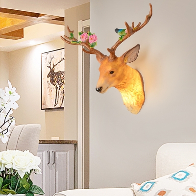 Single Light Deer Wall Lamp with Flower and Bird Resin Rustic Wall Mount Light