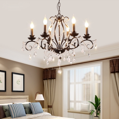 Traditional Candle Ceiling Chandelier Metal Crystal Ceiling Pendant Lights in Black for Kitchen Dining