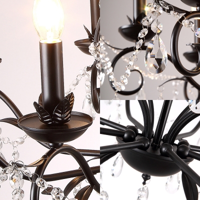 Traditional Candle Ceiling Chandelier Metal Crystal Ceiling Pendant Lights in Black for Kitchen Dining