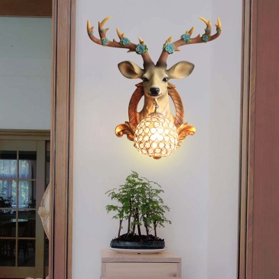Village Deer Wall Sconce with Domed Clear Crystal Shade Resin 1 Light Dining Room Lighting