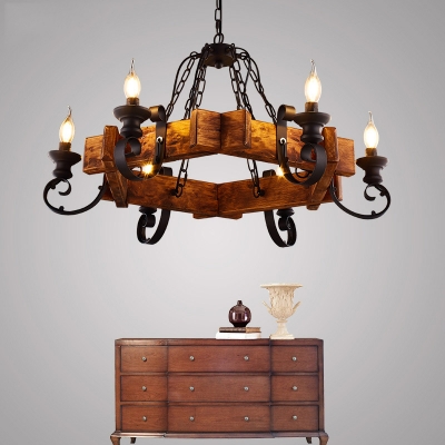 6-Light Candle Hanging Chandelier Rustic Wood and Iron Chandelier Light in Black for Restaurant