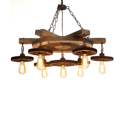 Bare Bulb Hanging Chandelier Rustic Iron and Wood Gear Ceiling Light Fixture for Dining Room