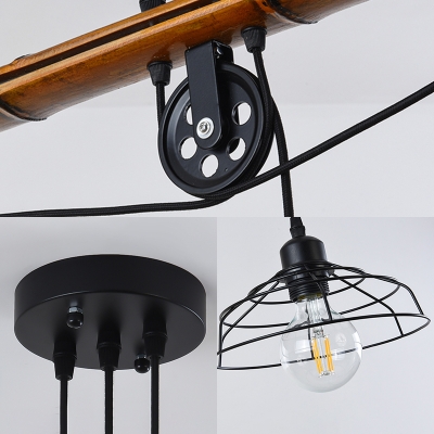 Black Cage Island Pendant Asian Iron and Bamboo 3 Light Pendant Lights with Pulley for Bedroom