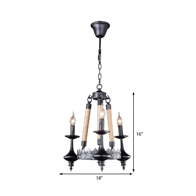 Black Candle Chandelier Lamp Country Iron and Rope Suspension Chandelier Pendant Light for Kitchen Dining