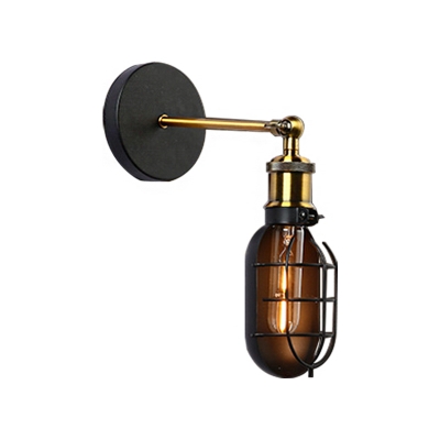 Cage Wall Mounted Light Loft Metal 1 Light Wall Sconce Lighting in Brass and Black for Bedroom