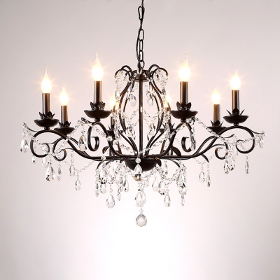Candle Hanging Chandelier Traditional Iron and Crystal 6/8 Heads Lighting Fixture in Black for Bedroom
