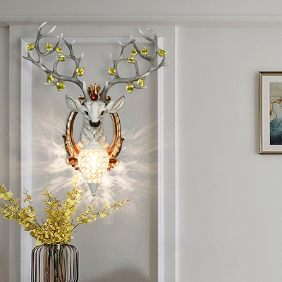 Clear Crystal Water Drop Wall Lamp Loft Style 1 Head Sconce Lighting with Resin Deer Head