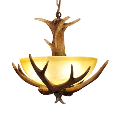 Country Style Bowl Chandelier Glass and Wood 3 Lights Brown Pendant Light with Antlers for Bedroom