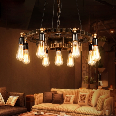 Exposed Bulb Ceiling Pendant Light Vintage Steel 9-Light Chandelier Lighting Fixture for Bedroom