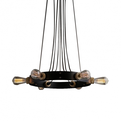 Farmhouse Style Open Bulb Hanging Pendant Metal 6 Heads Ceiling Pendant Lights in Black for Indoor